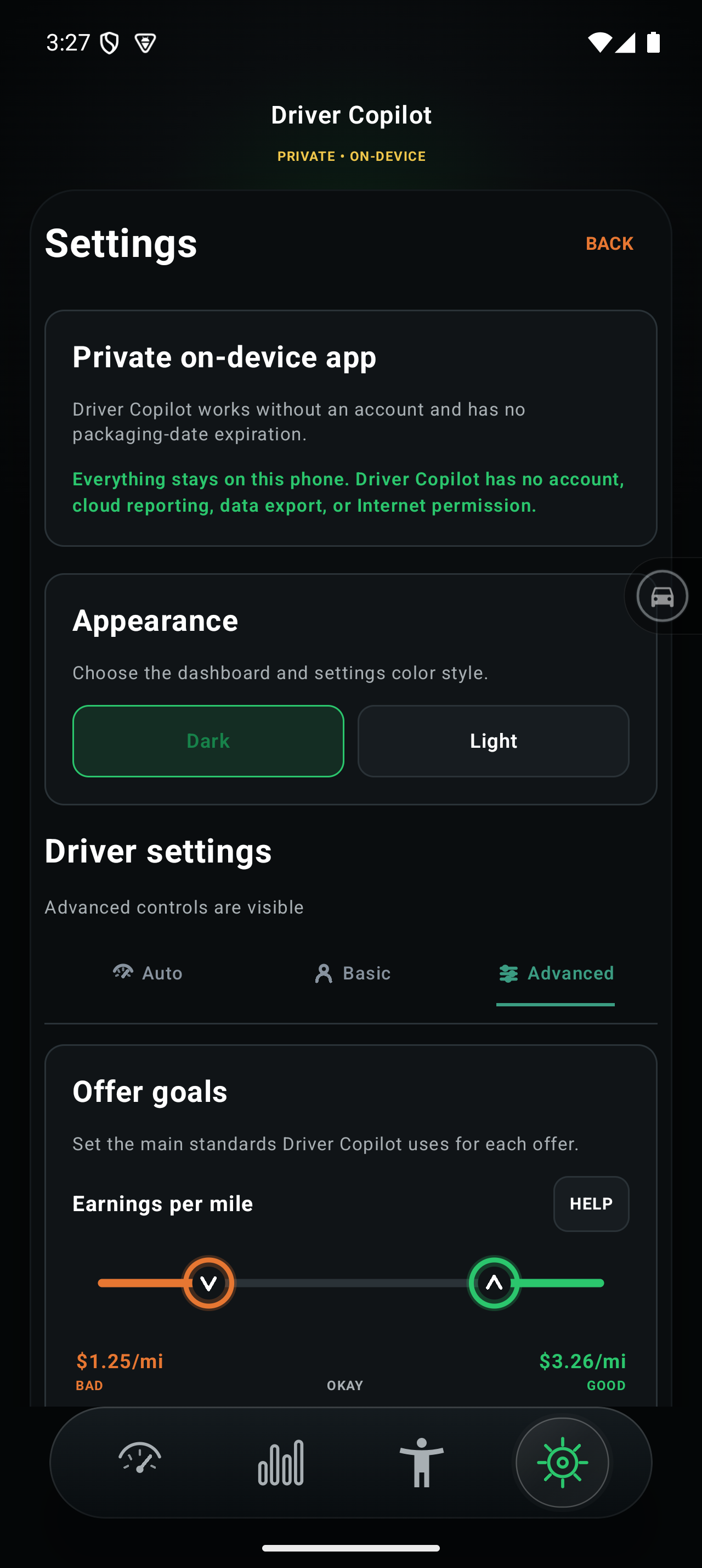 Driver Copilot Settings screen with local data controls