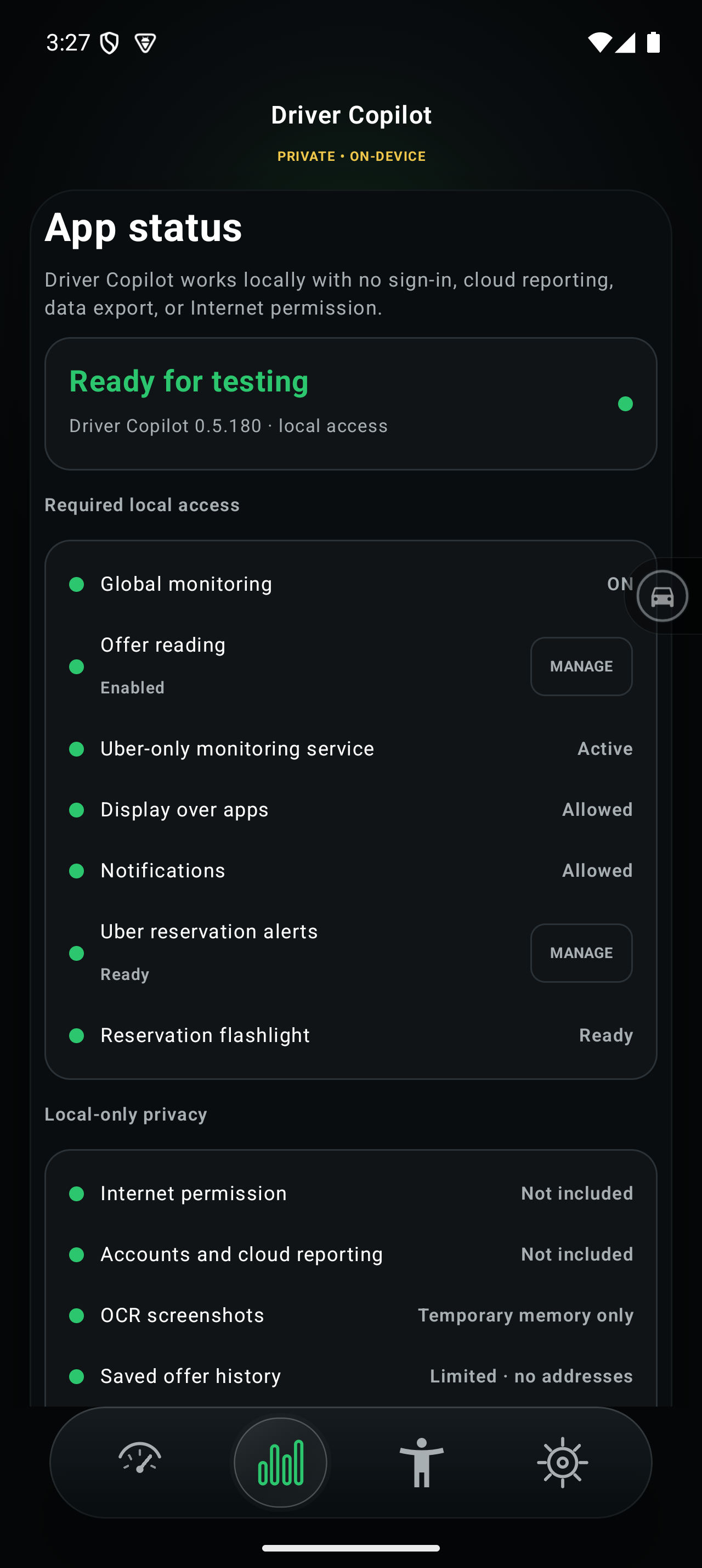 Driver Copilot Status screen showing local-only privacy controls